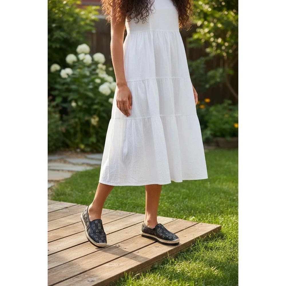 Michael Kors Black Leather‎ Laser Cut Floral Espadrille Platform Slip On Shoes
